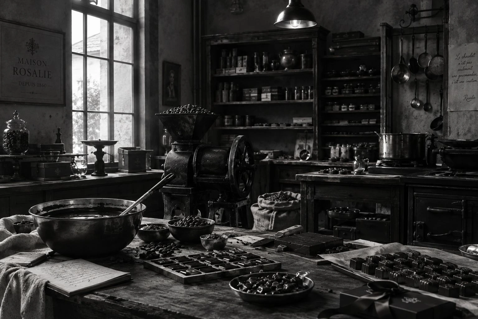 L’atelier historique de la Maison Rosalie, en noir et blanc