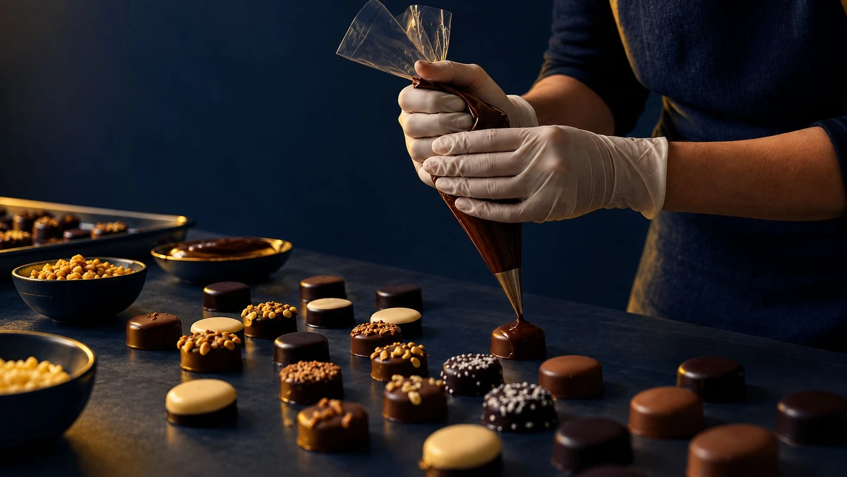 Une chocolatière garnit des bonbons au chocolat à la poche à douille dans l'atelier